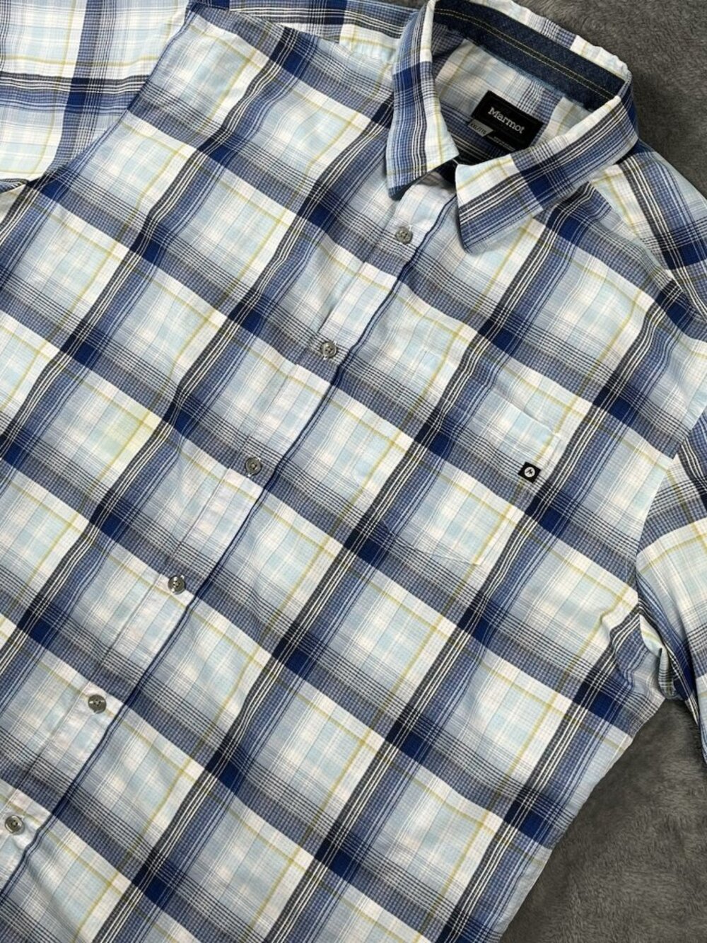 Marmot Men's Blue Yellow Plaid Short Sleeve Button Down Shirt 2XL
